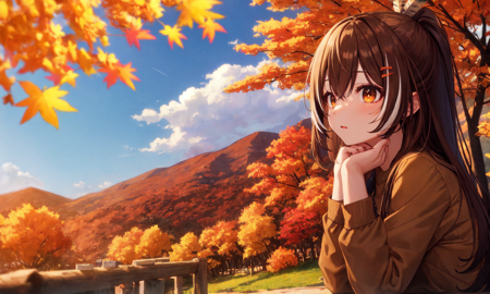38976-3570250257-(mksks style, detailed background_1.1), nanashi_mumei, feather, solo, brown shirt, brown hair, long hair, comfy, (outdoors, spri.png
